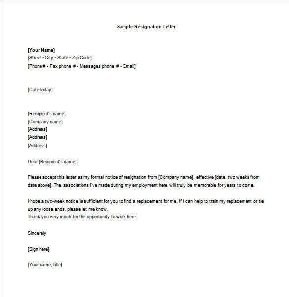 resignation letter 2 week notice
