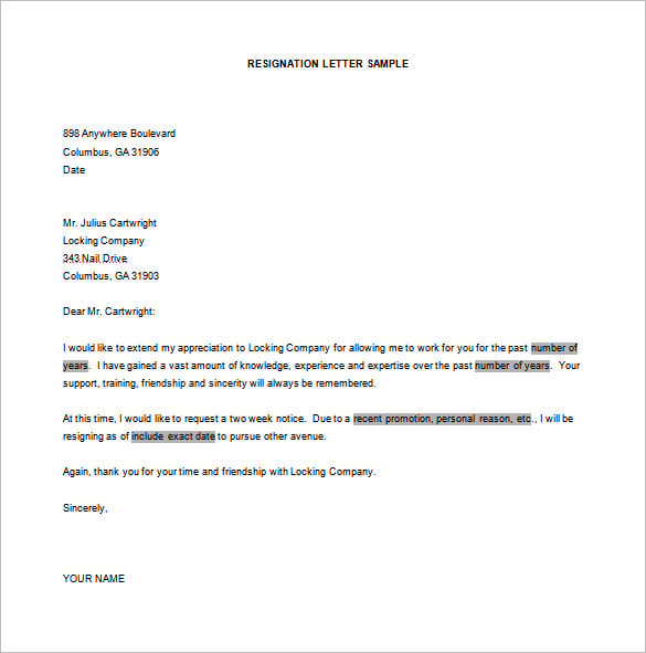 resignation letter format for personal reason free word download