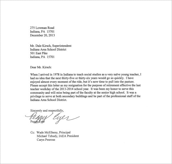 Letter Of Resignation Teacher Sample from images.template.net