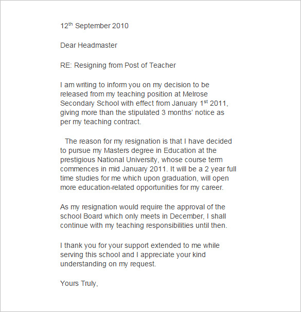 reason of resign Sample â€“ Teacher  Letter Free 11 Resignation Templates