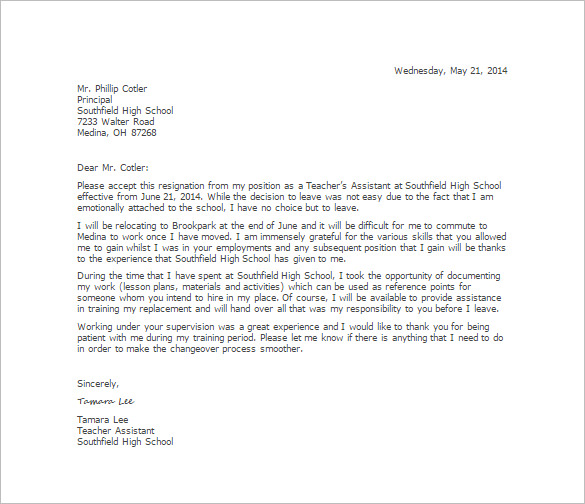 teacher assistant resignation letter template