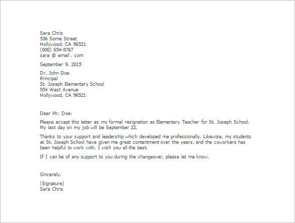 Resignation Letter For A Teacher In School Sample Resignation Letter