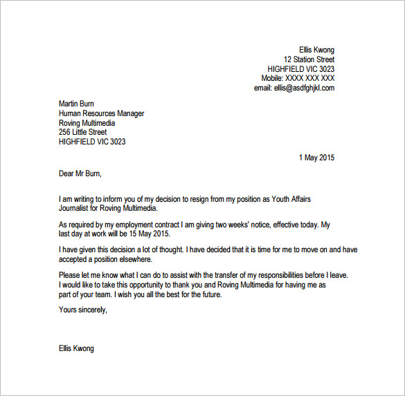 Email Resignation Letter Template - 9+ Free Word, Excel, PDF Format ...