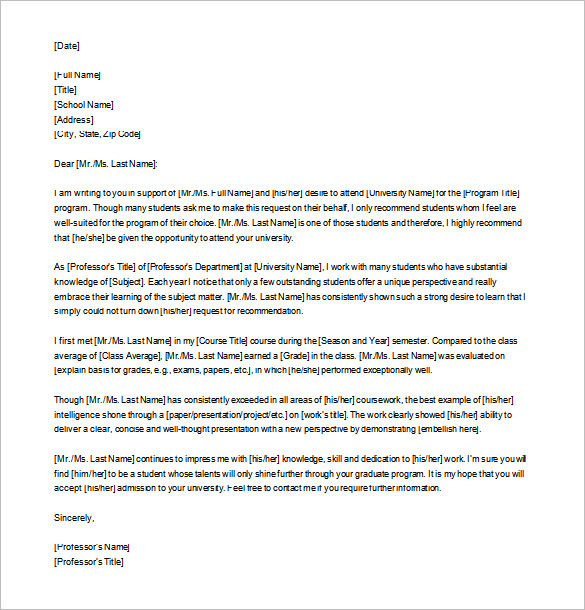 editable letter of recommendation for graduate school download