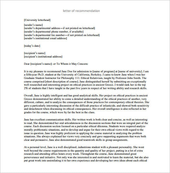 letter of recommendation for graduate school template pdf