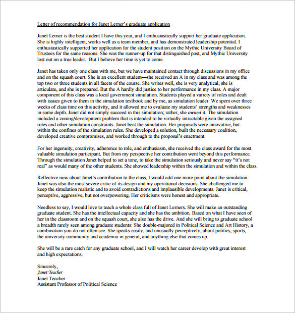 recommendation letter for graduate students samples