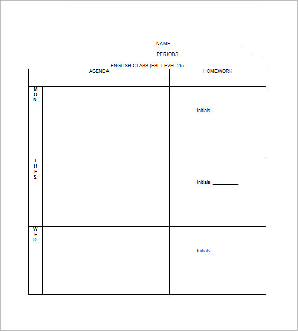 homework agenda template for elementary