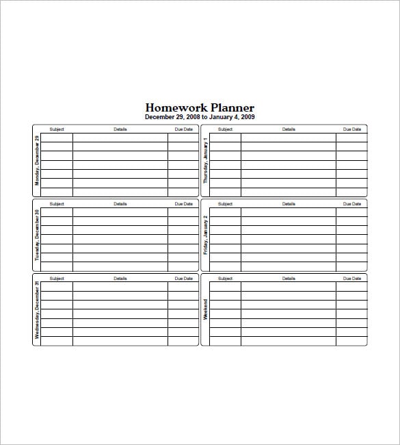 five day homework planner
