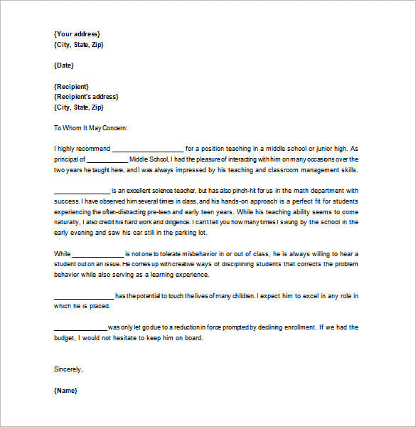 letter of recommendation for teacher from principal word doc