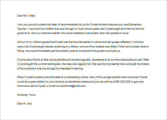 Reference Letter For Teacher Of The Year