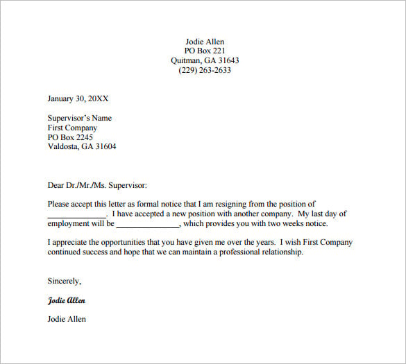 employee resignation letter for new employee free pdf