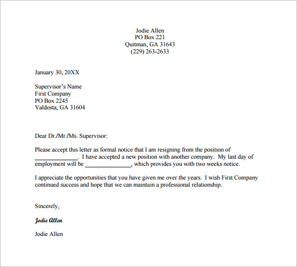 employee resignation letter for new employee free pdf