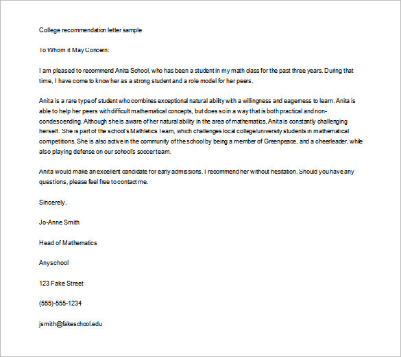 college application letter of recommendation template