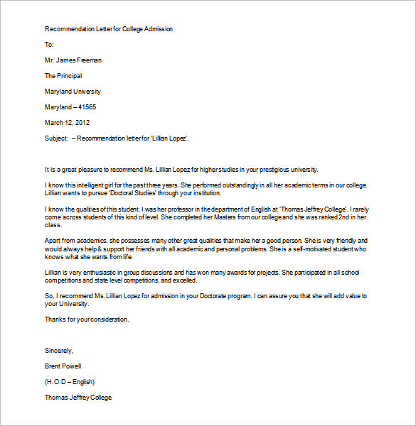 recommendation letter for college admission word format