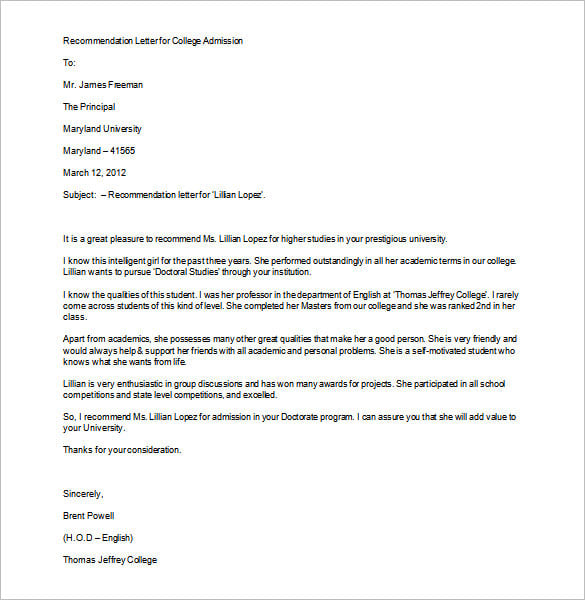 Sample Recommendation Letter For College Admission From Employer 