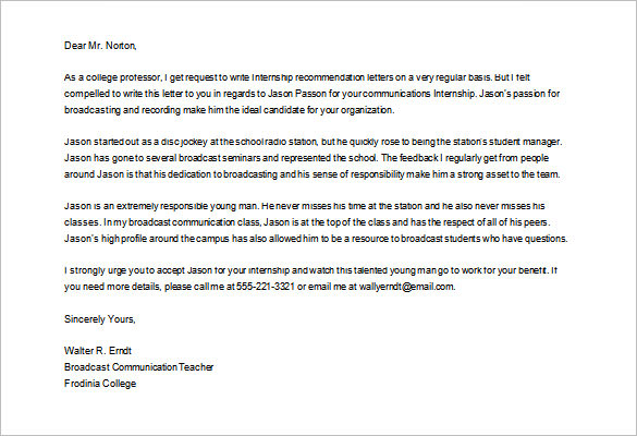 free download college recommendation letter for internship