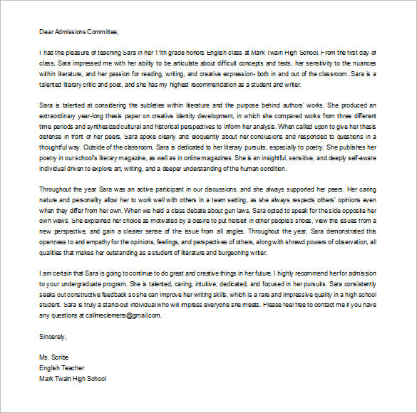 free download college recommendation letter from parent