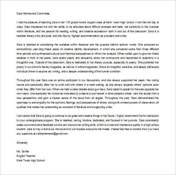 free download college recommendation letter from parent