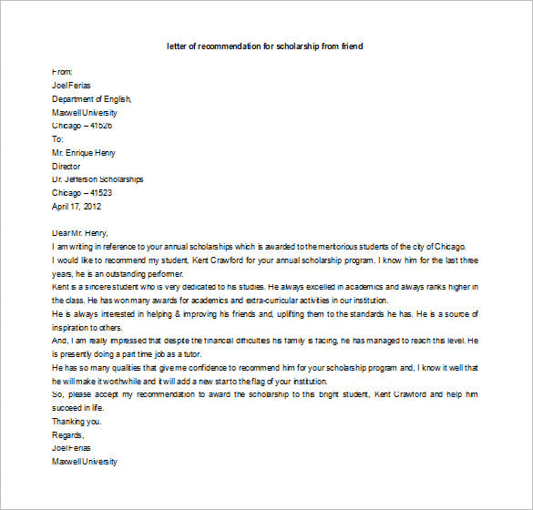 letter of recommendation for scholarship from family friend download