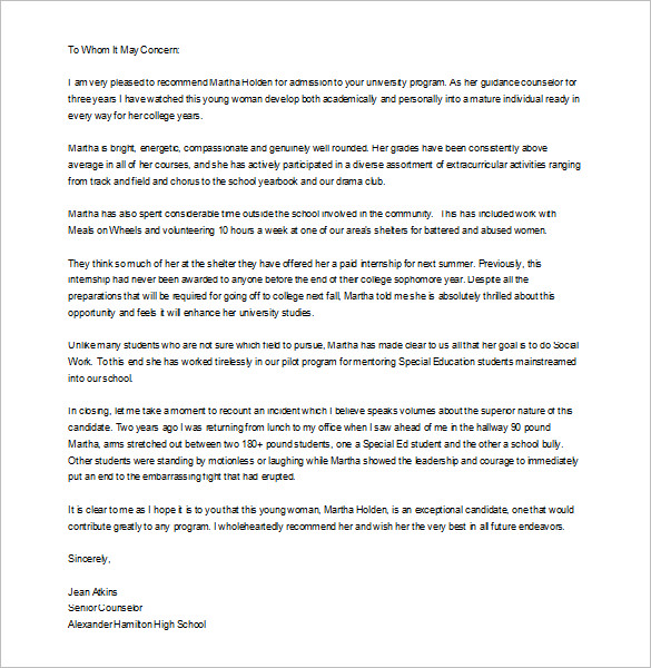 Sample College Recommendation Letter For A Student - College