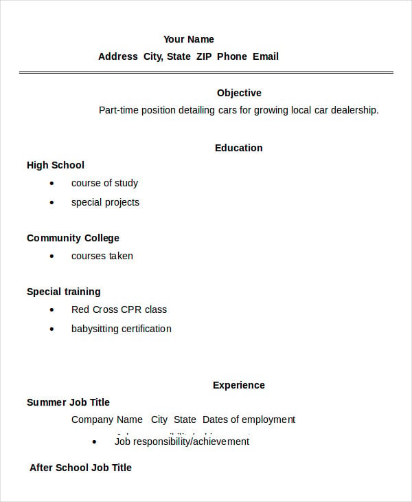 resume template for a high school student