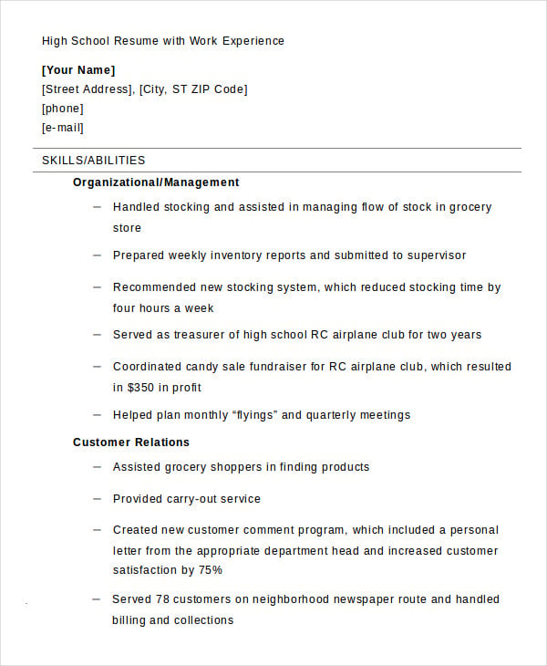 high school resume with work experience