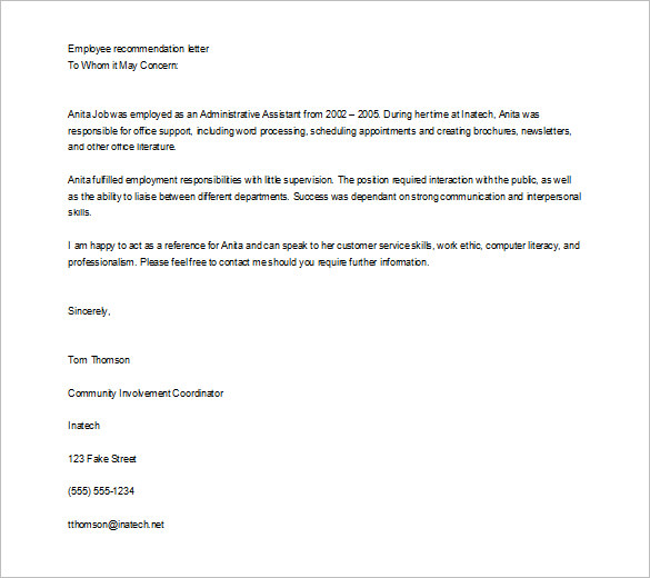 editable job recommendation letter for employee word doc