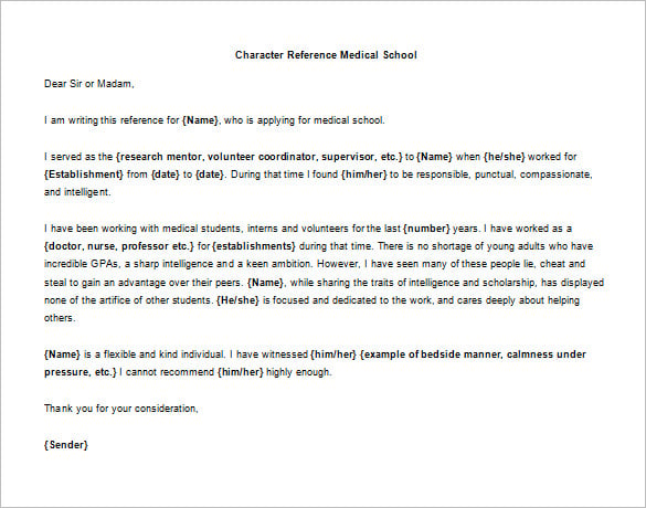 printable character letter of recommendation for medical school