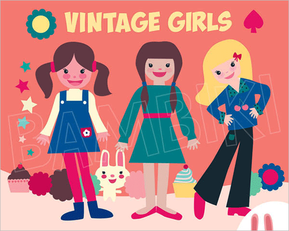 vintage girls vector illustration