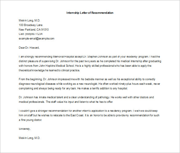 recommendation letter for student internship