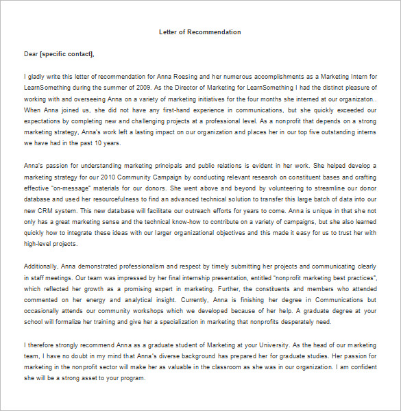 recommendation letter for student internship