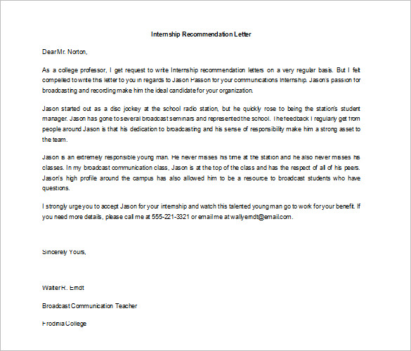 recommendation letter for student internship