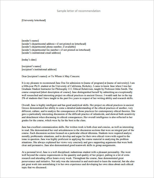 sample letter of recommendation for teacher from university