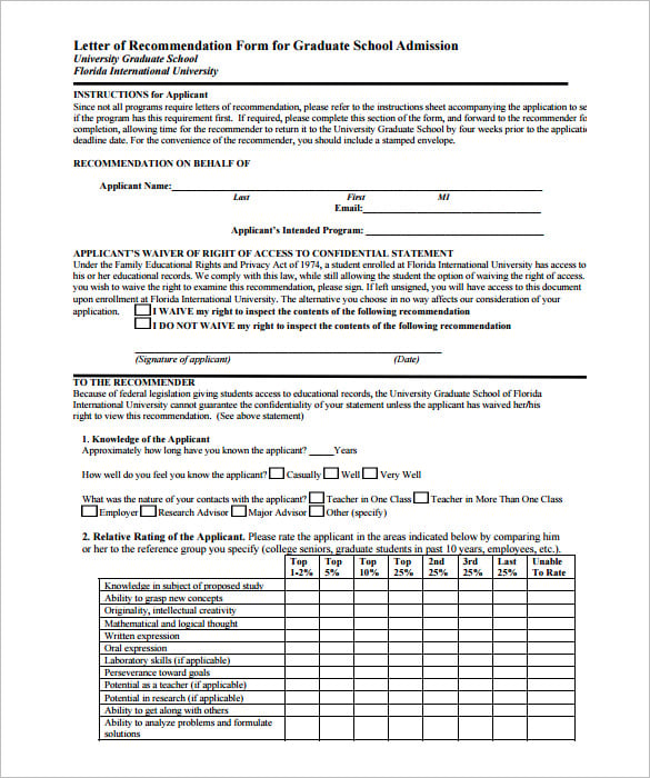 letter of recommendation form for graduate school admission pdf