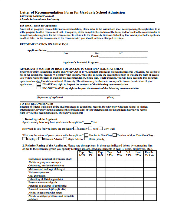 letter of recommendation form for graduate school admission pdf