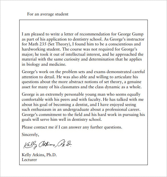 recommendation letter for average student of graduate school pdf