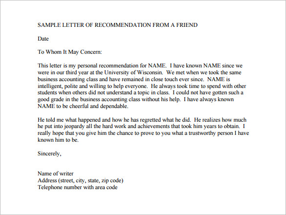 Examples Of College Recommendation Letters From A Friend