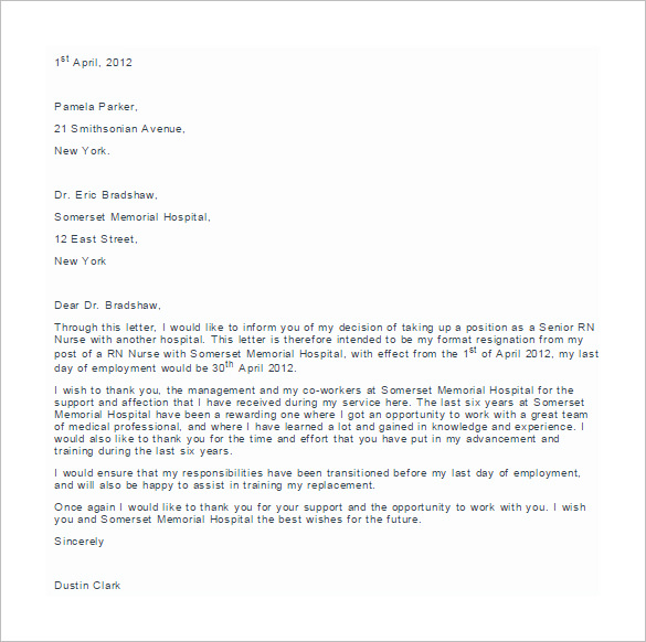 Sample Resignation Letter Nurse