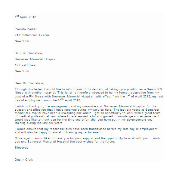 Resignation Letter Example Nursing Sample Resignation Letter