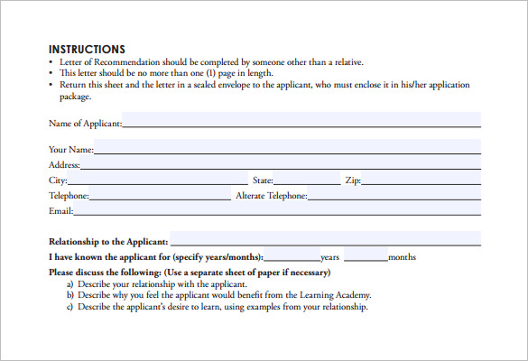 editable personal letter of recommendation form pdf