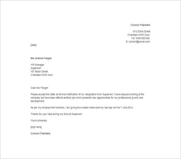 sample retail 2 week notice resignation letter template