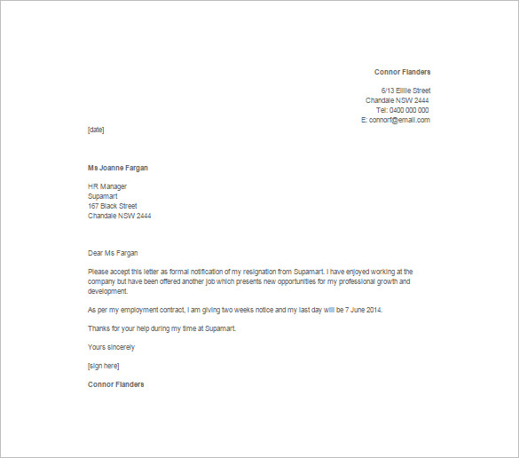 resignation letter samples 2 week notice