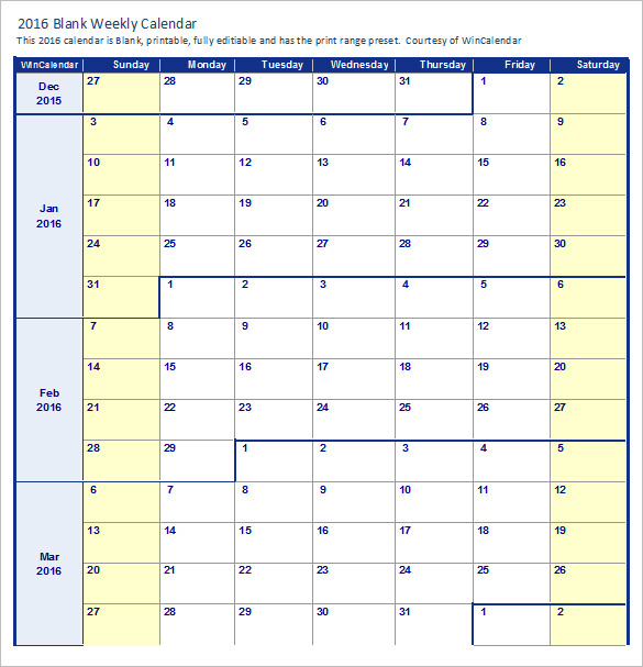 fillable 2016 blank weekly calendar template xls format