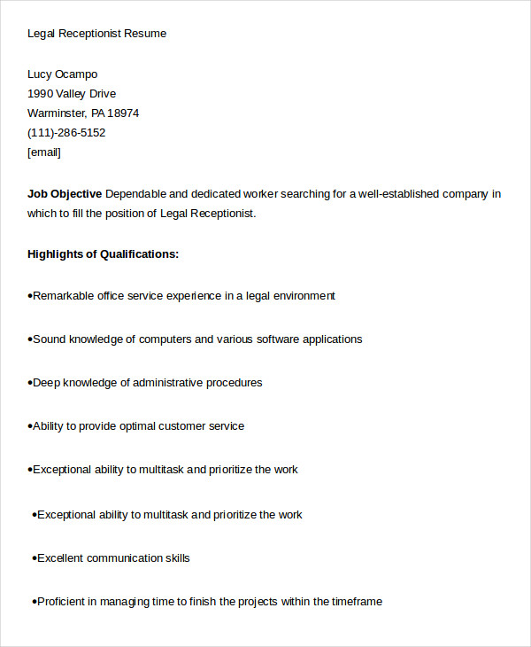 legal receptionist resume
