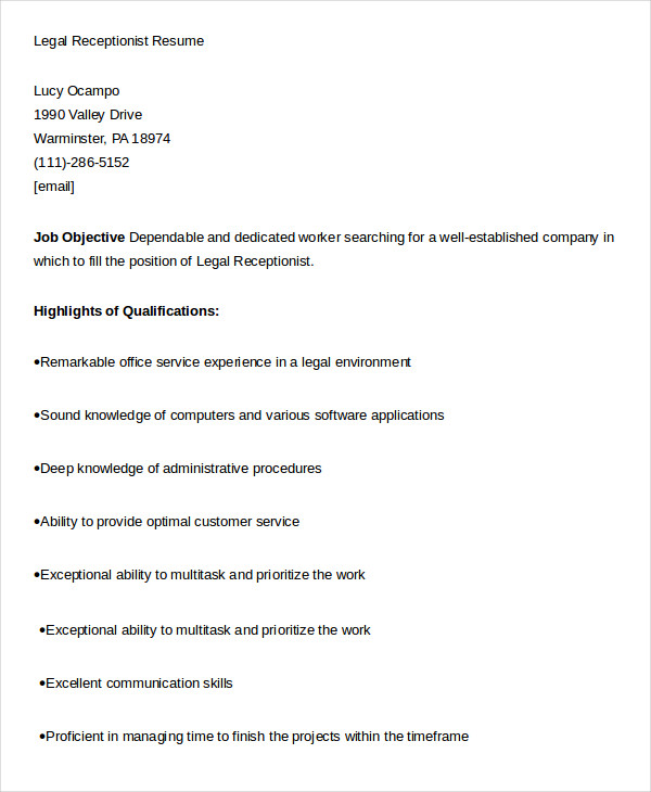 Qualifications for receptionist resume