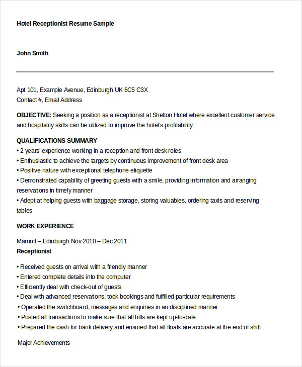 Hotel Receptionist Resume Sample Baeti