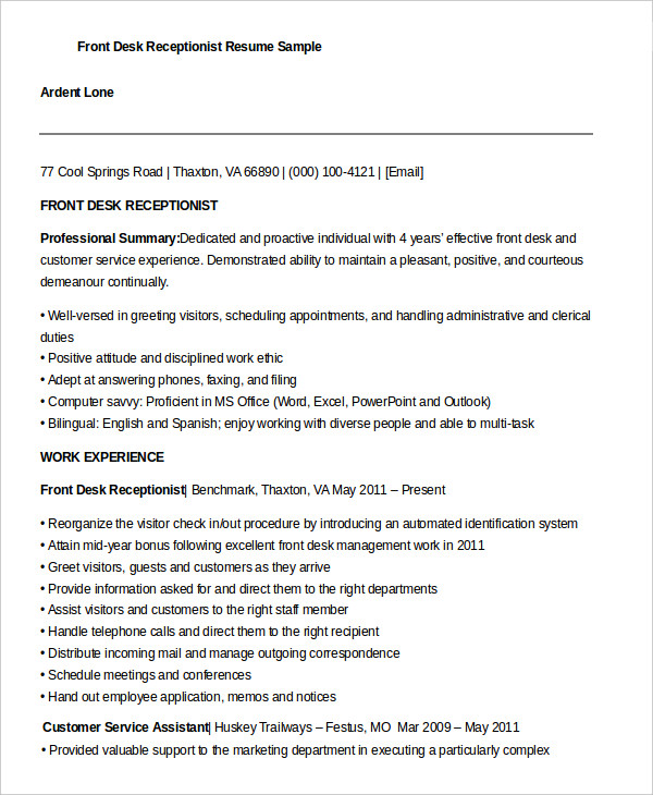 resume for front desk receptionist in hotel