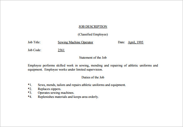 free sewing machine operator job description pdf template