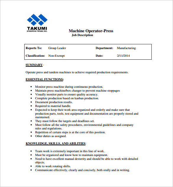 Template For Job Description Machine Operator ESSAEMINHAARTE