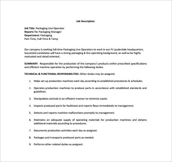 machine operator job description for packaging free pdf template